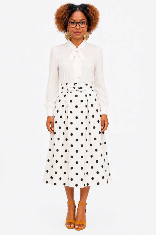 Black and White Polka Dot Belted Midi Skirt