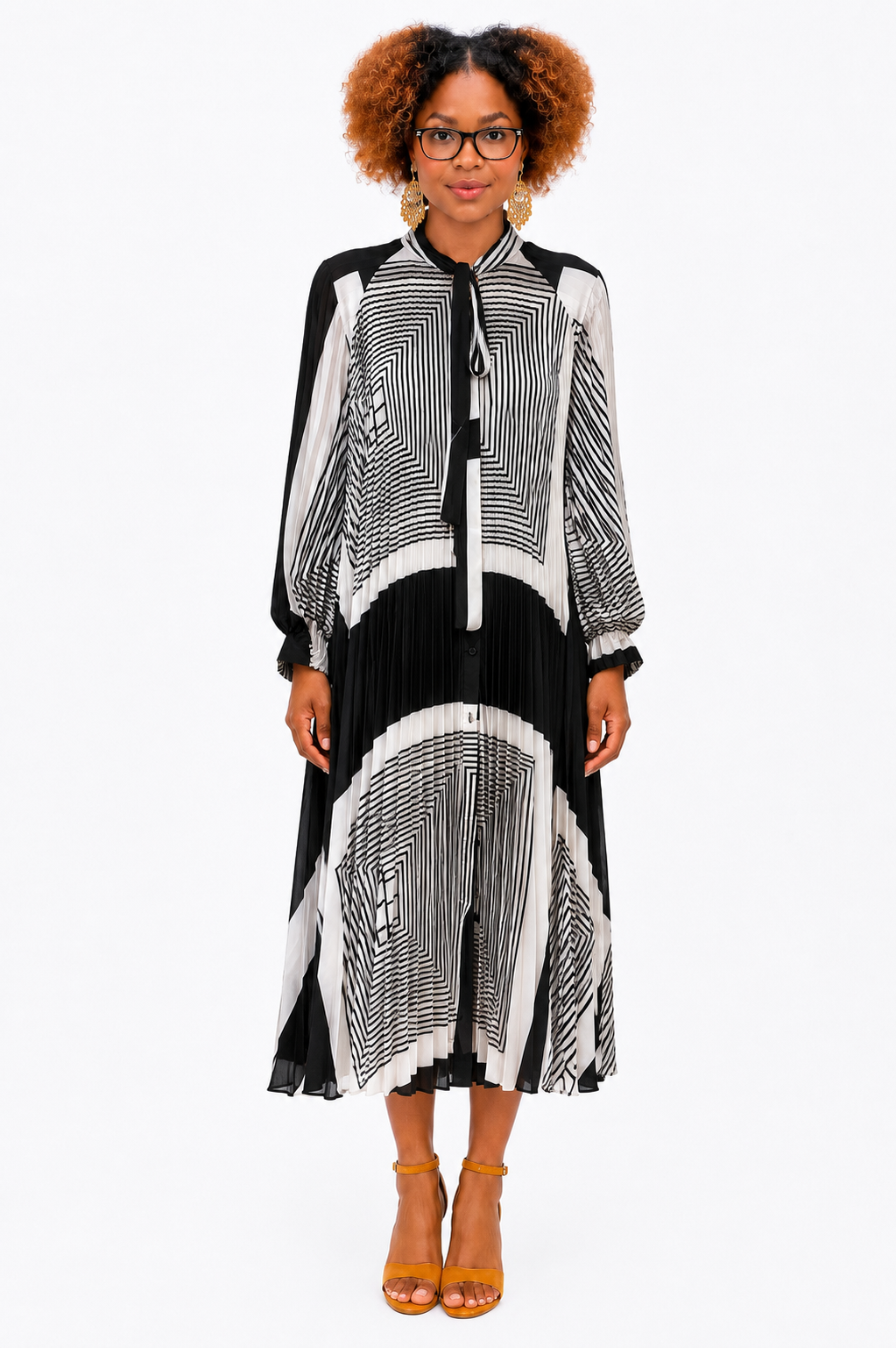 Black and White Geometric Pleated Midi Dress