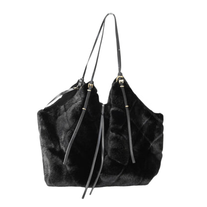 Alex Max black faux fur shoulder handbag displayed with matching black zipped pouch.