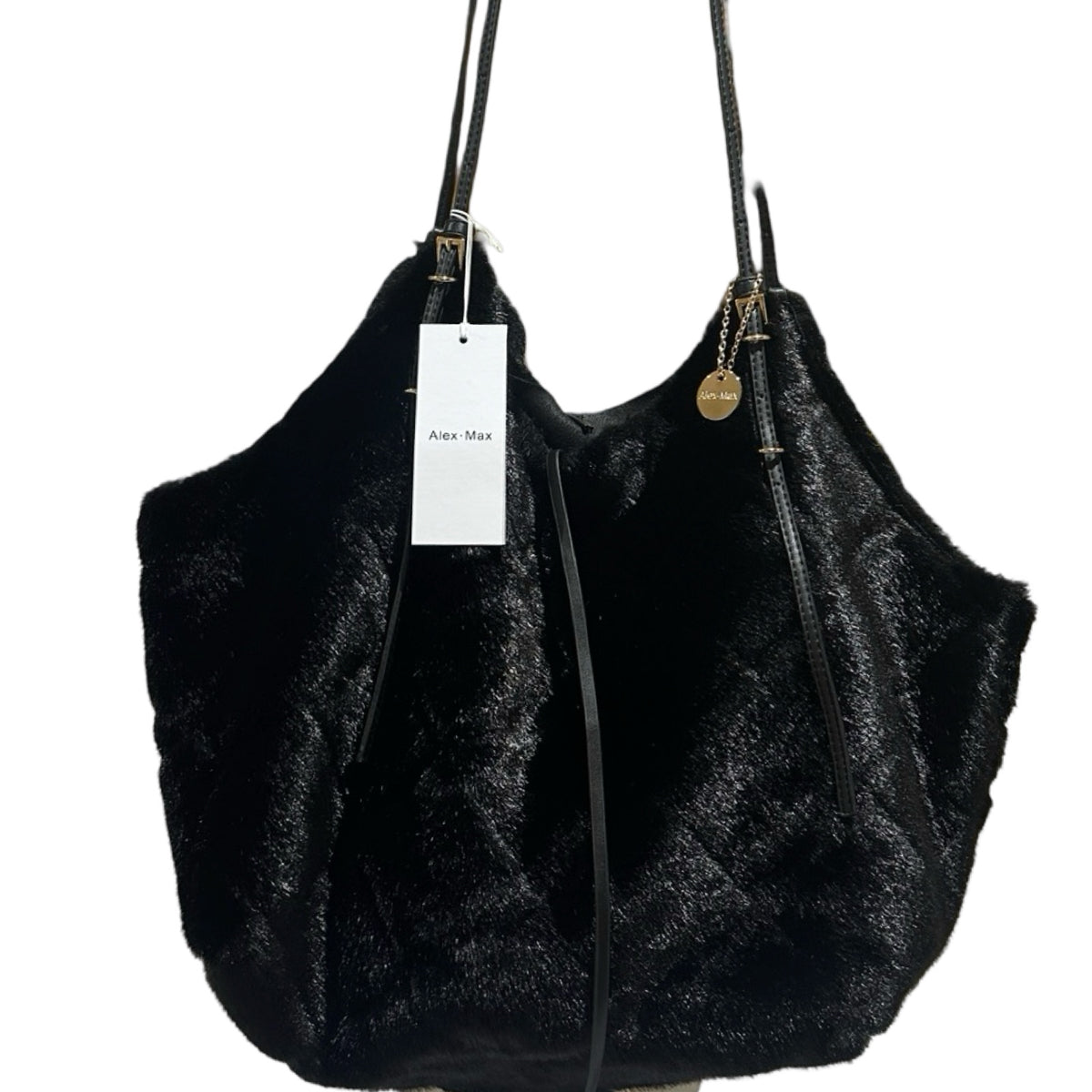 Alex Max black plush faux fur oversized hobo shoulder bag with gold-tone hardware and long straps.