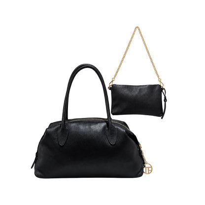 Black Italian Leather Oversized Shoulder Bag Set