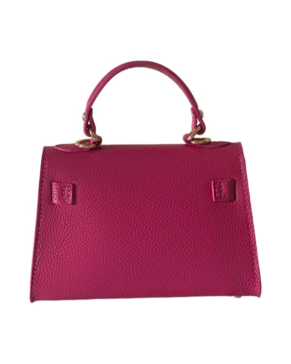 Back view of structured fuchsia pink leather mini handbag