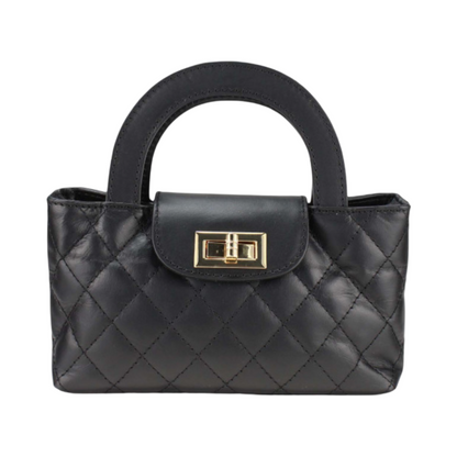 Black Quilted Mini Leather Tote Bag with Gold Chain – Front View