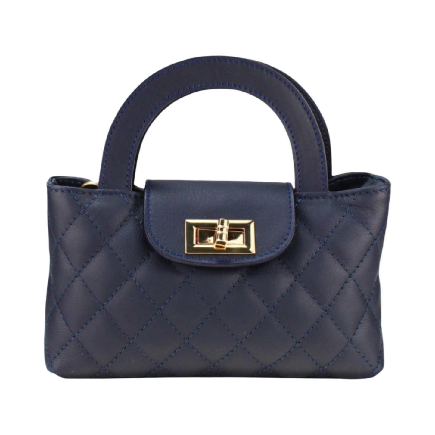 Blue Quilted Mini Leather Tote Bag with Gold Chain – Front View