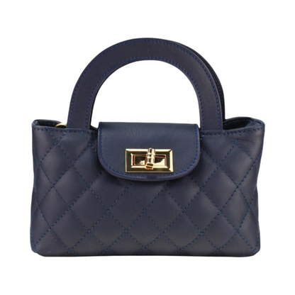 Blue Quilted Mini Leather Tote Bag with Gold Chain – Front View