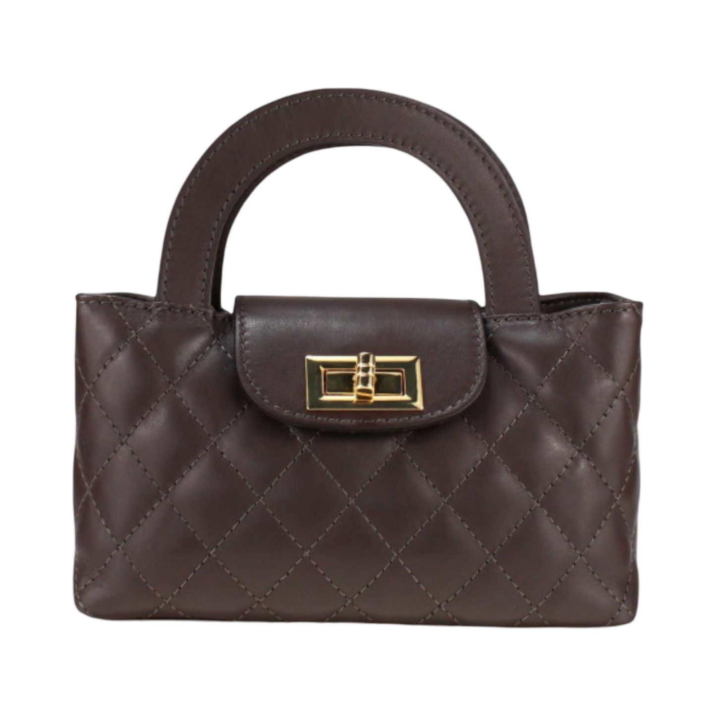 Brown Quilted Mini Leather Tote Bag with Gold Chain – Front View