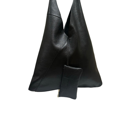 Oversized Black Italian Leather Hobo Shoulder Bag