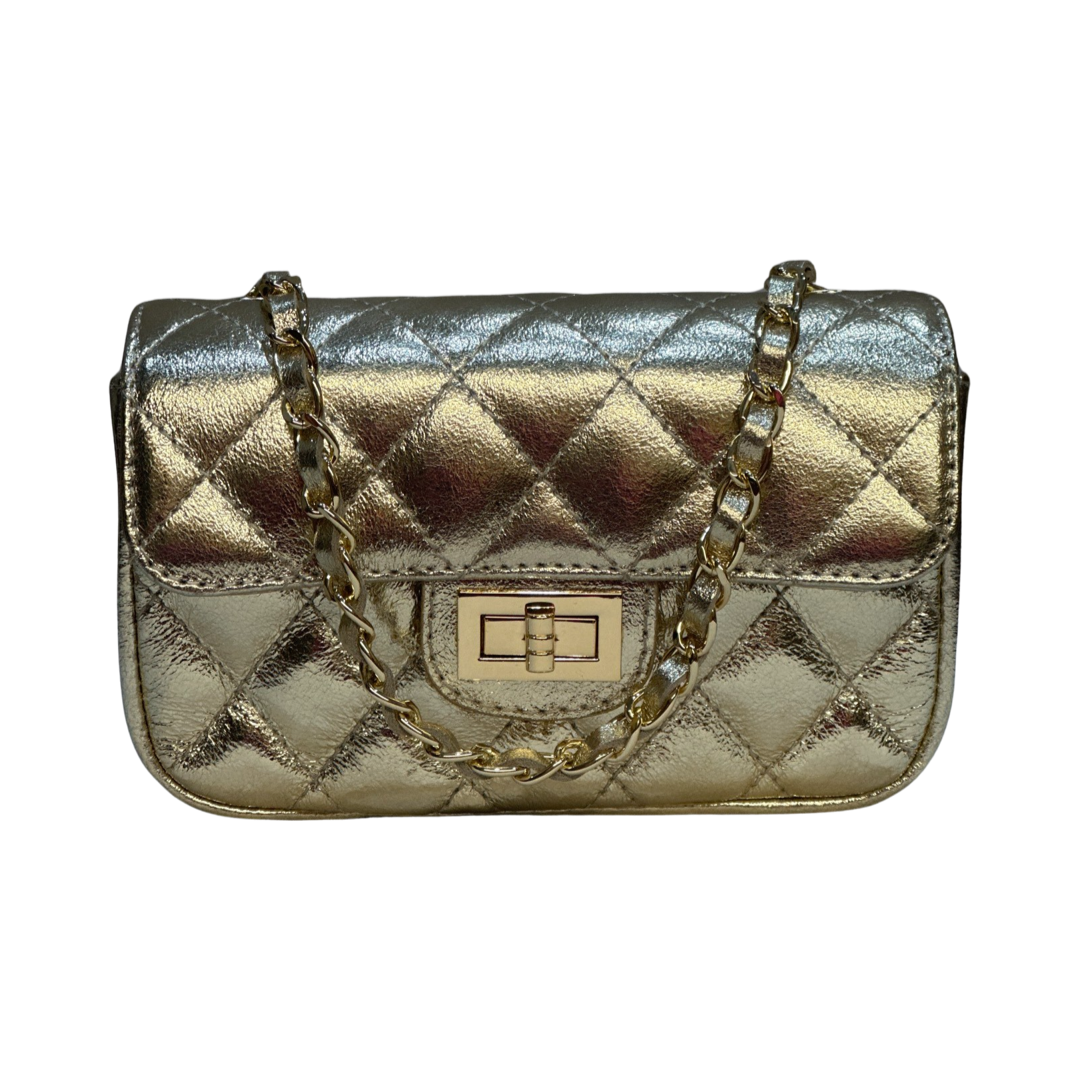 Gold Font Quilted Laminated Leather Crossbody Bag – Luxe Shine