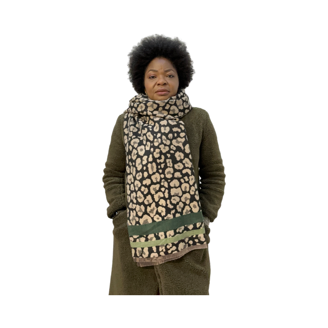 Green Leopard Print Rectangular Throw Scarf front 