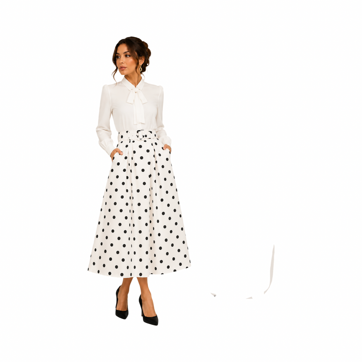 Black and White Polka Dot Belted Midi Skirt