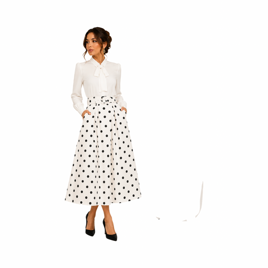 Black and White Polka Dot Belted Midi Skirt