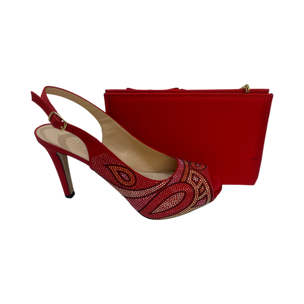 Red Jewel Embellished Shoes with Matching Bag
