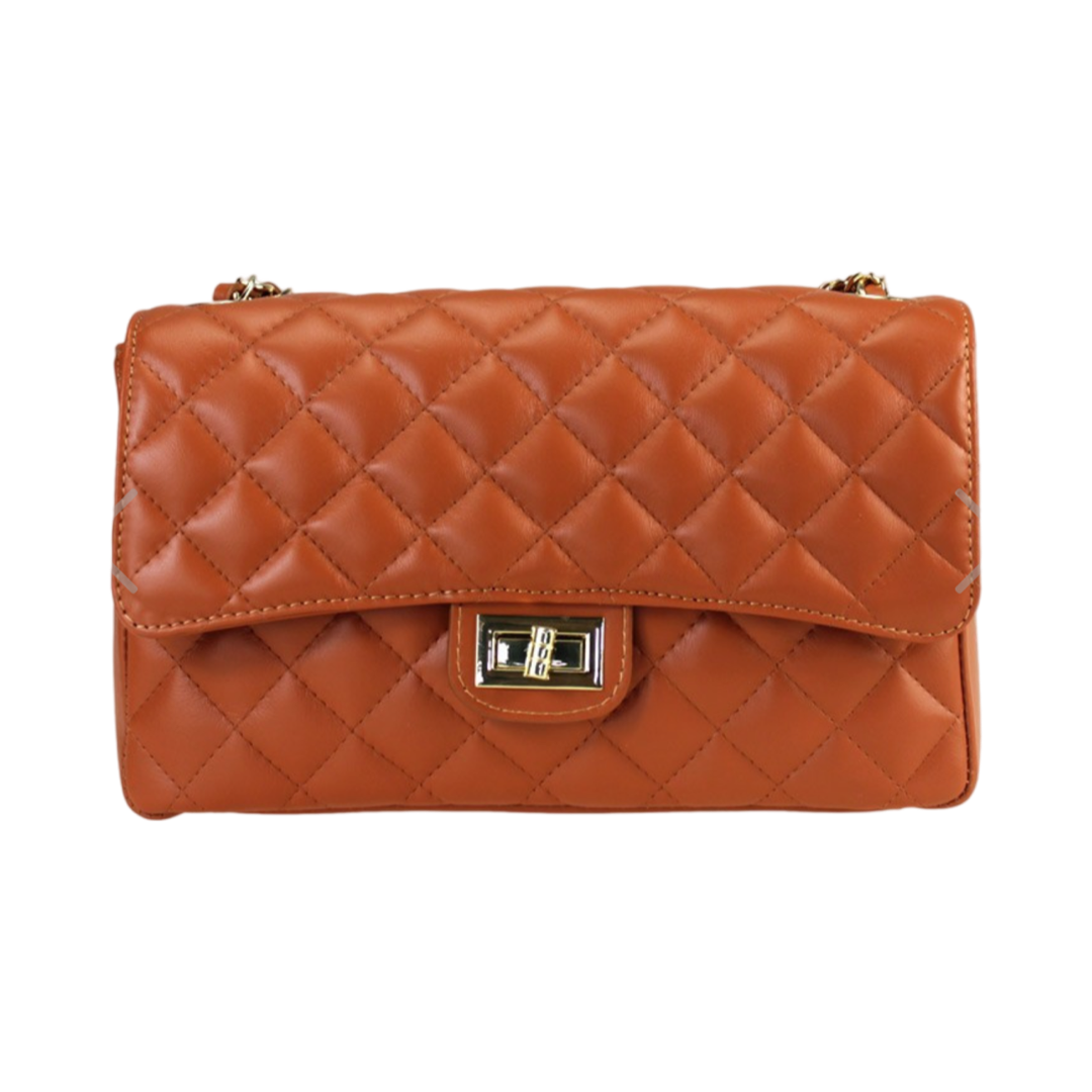 Quilted chain shoulder bag with diamond-stitched design and gold-tone chain strap.