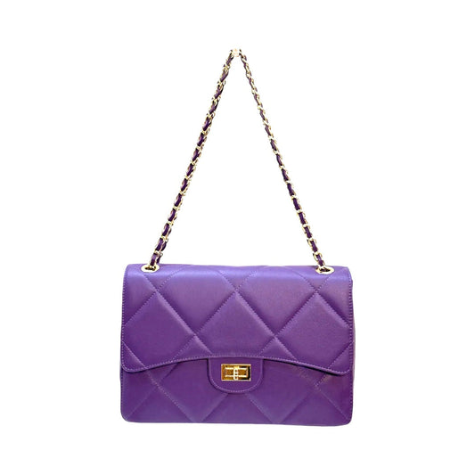 Luxe Amethyst Quilted Crossbody Leather Bag with gold-tone chain and turn-lock closure.