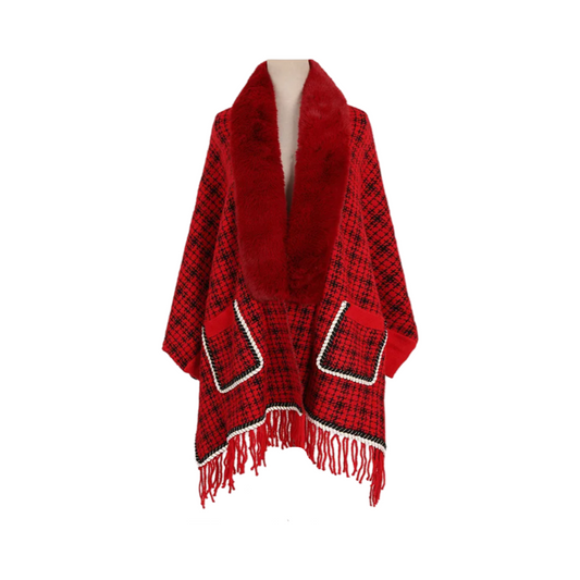 Red Checkered Faux Fur Poncho front 