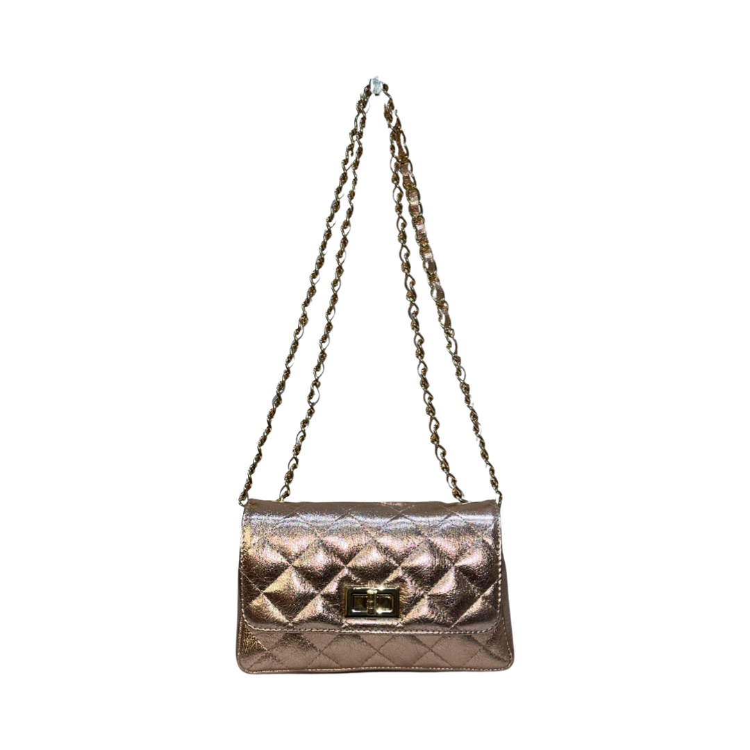 Rose Gold Quilted Laminated Leather Crossbody Bag – Playful Luxury