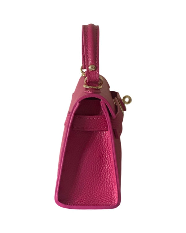 Side profile of Italian leather mini top handle handbag
