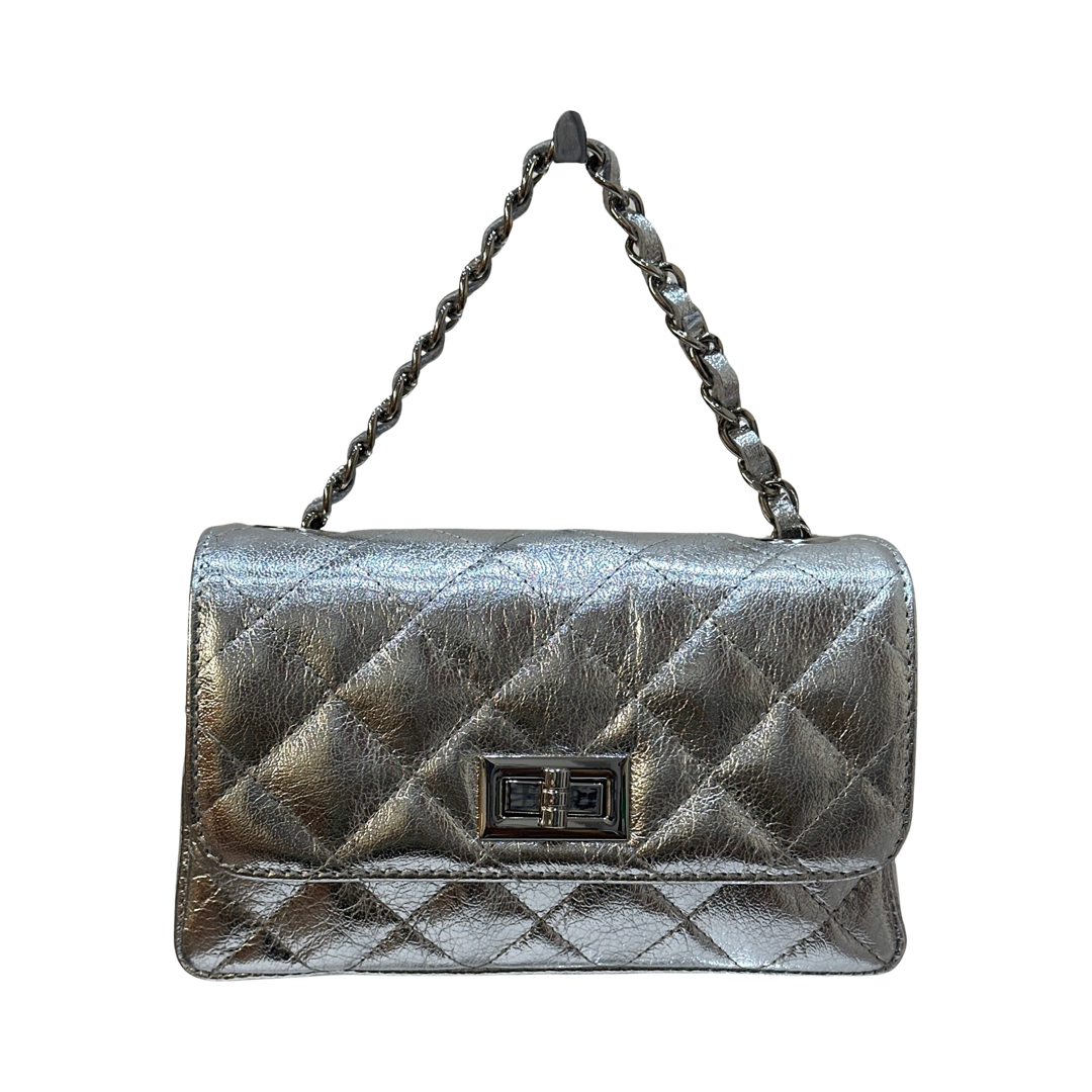 Silver Quilted Laminated Leather Crossbody Bag – Metallic Chic