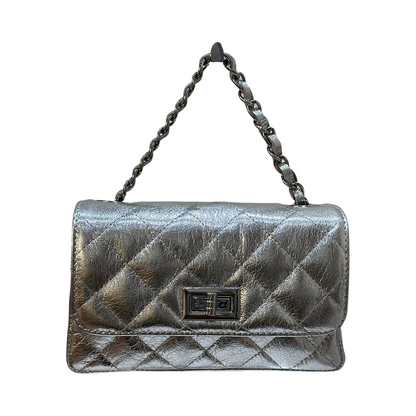 Silver Quilted Laminated Leather Crossbody Bag – Metallic Chic