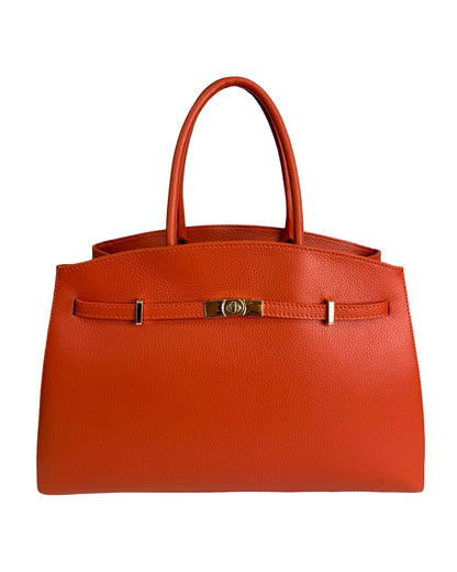 Orange Made in Italy genuine leather tote handbag for women with gold hardware and structured design