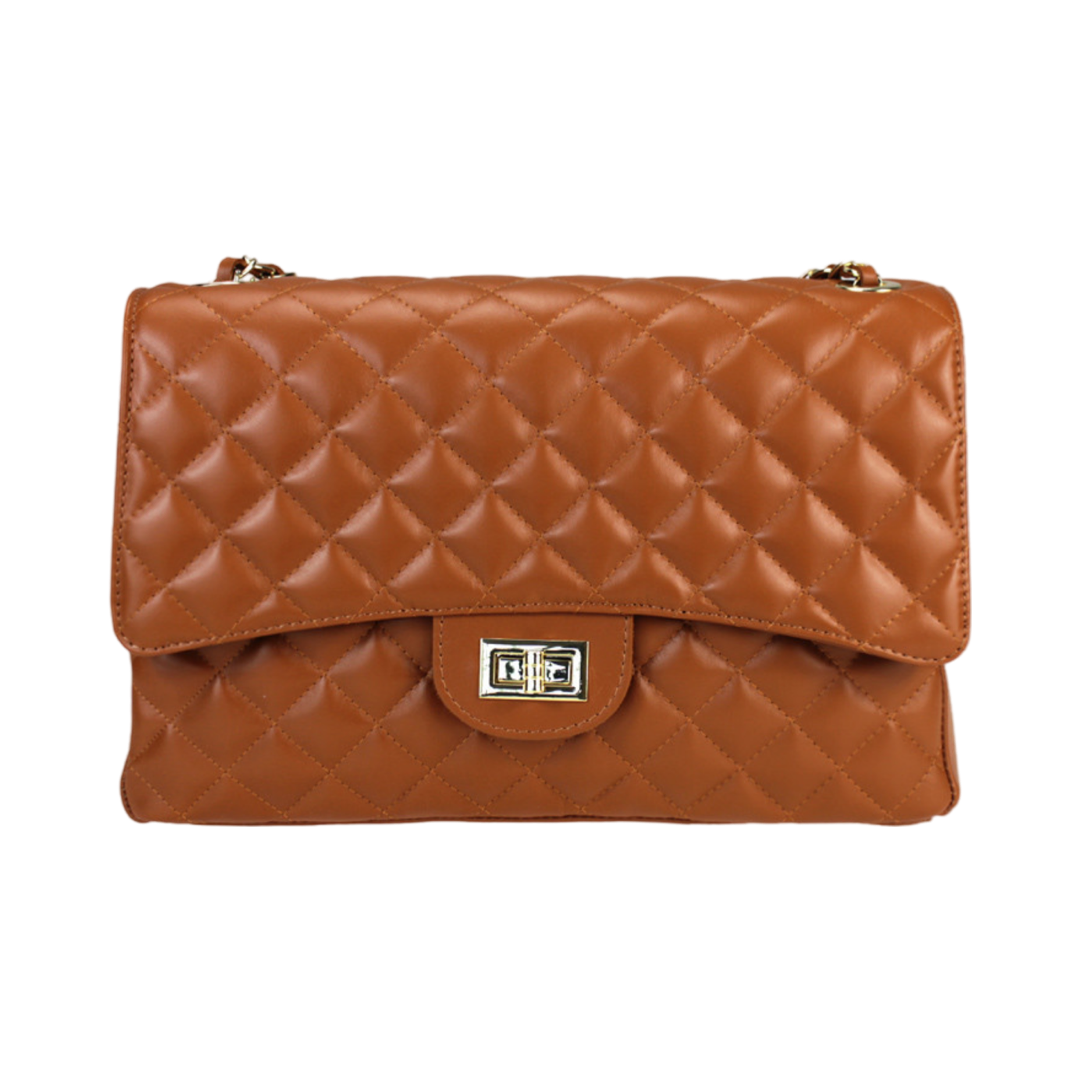 Quilted oversized chain shoulder bag with turn-lock closure and gold-tone chain strap.
