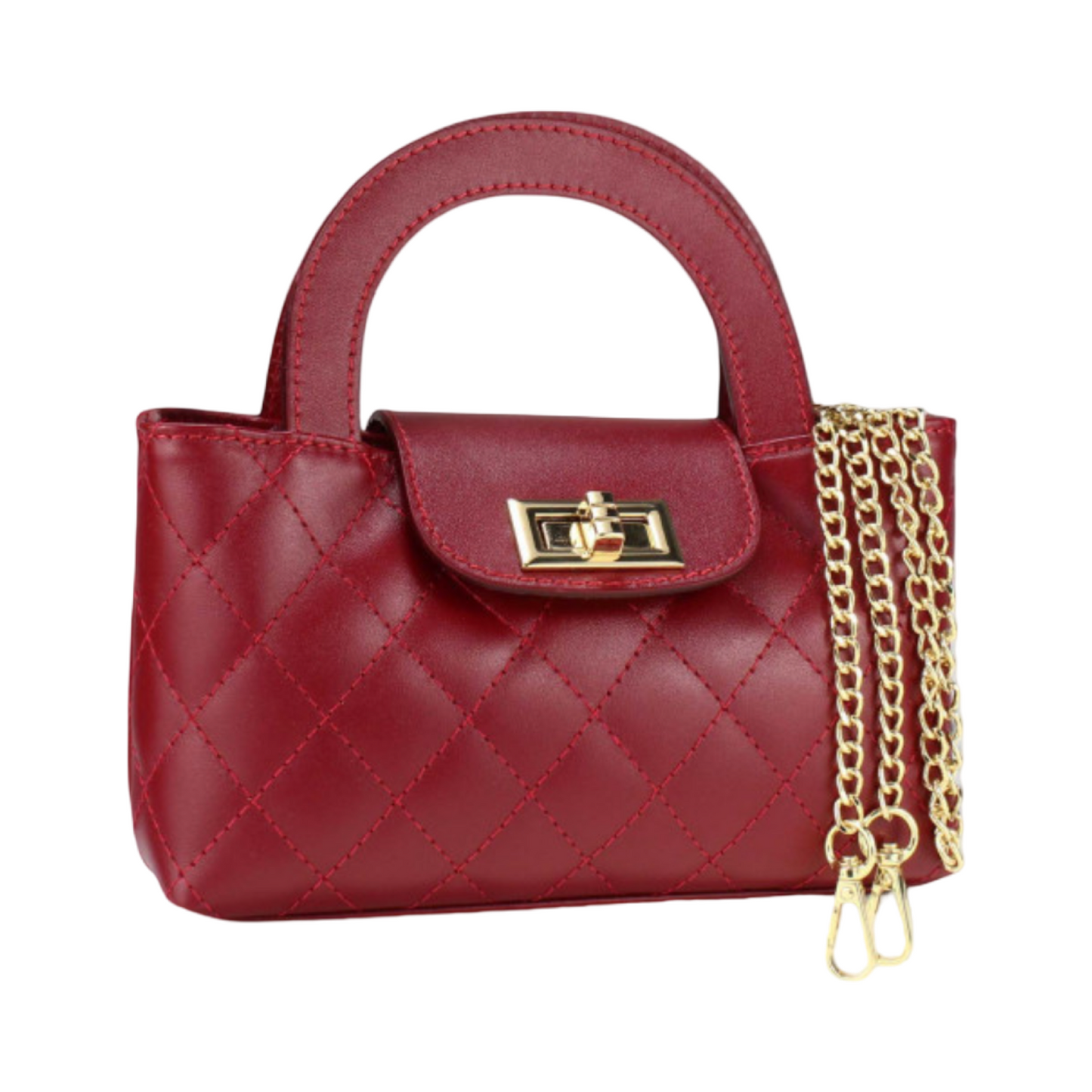 Wine Quilted Mini Leather Tote Bag with Gold Chain – Front View