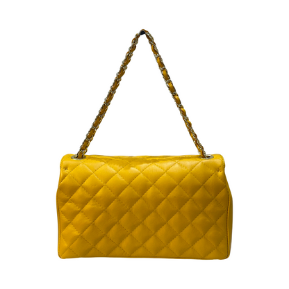 Yellow quilted chain shoulder bag with gold-tone strap and diamond-stitched design.