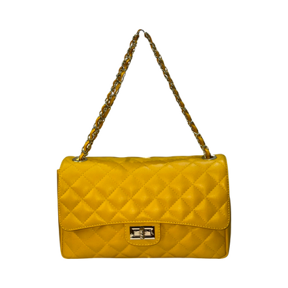 Colorful quilted chain shoulder bag with gold-tone chain strap.