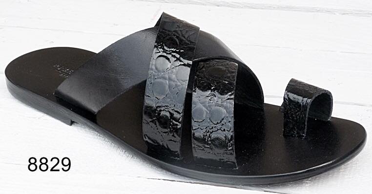 Men's black leather cross strap sandals with padded insole.