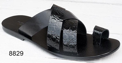 Men's black leather cross strap sandals with padded insole.