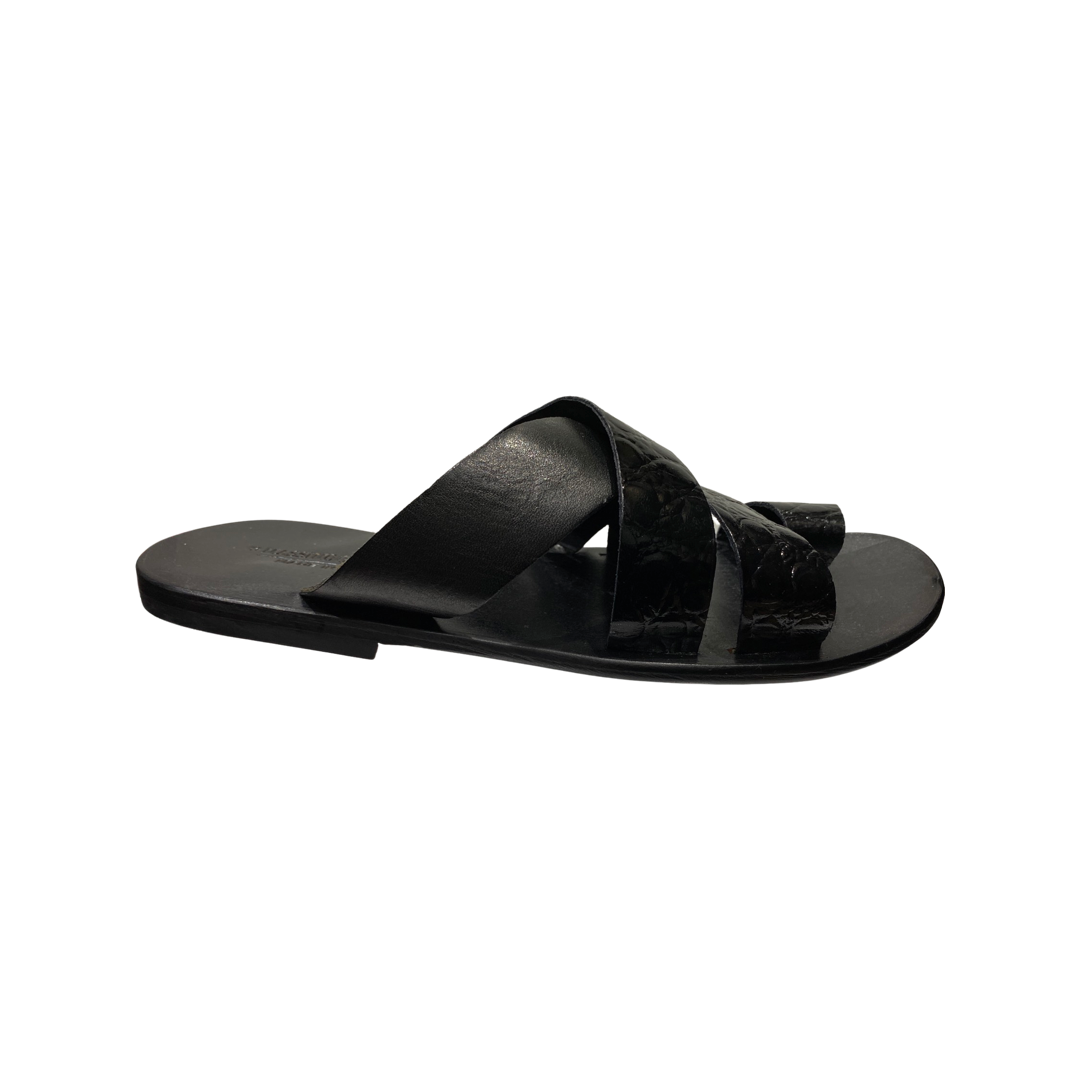 Men's black cross strap leather sandals with padded insole.