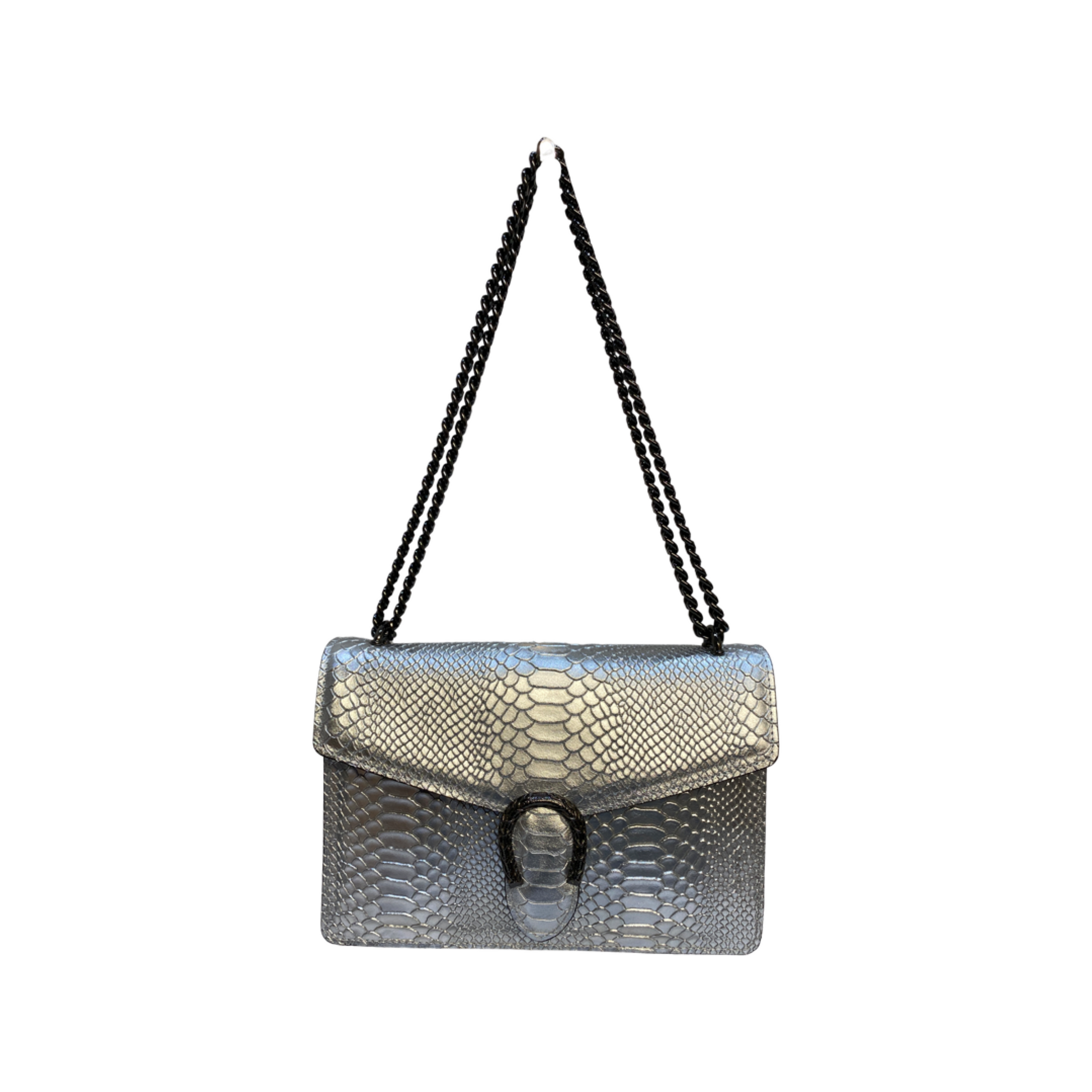 Luxury Italian leather crossbody bag with chain strap and tiger hardware.