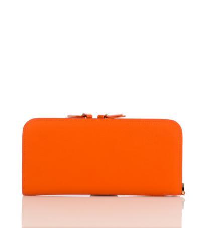 Rectangular tan leather purse wallet with zip opening and gold accessories.