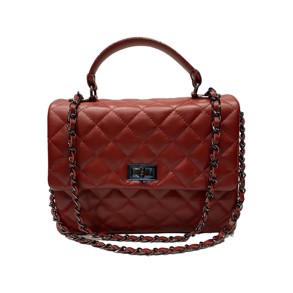 SARA BURGLAR Purse Red Quilted Genuine Leather Shoulder Top Handle Bag-Italy