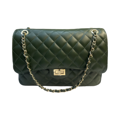 Quilted chain shoulder bag with diamond-stitched exterior and gold-tone chain straps.