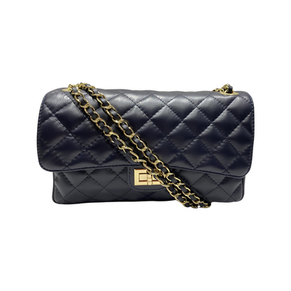 Elegant quilted chain shoulder bag with gold-tone strap and diamond-stitched design.