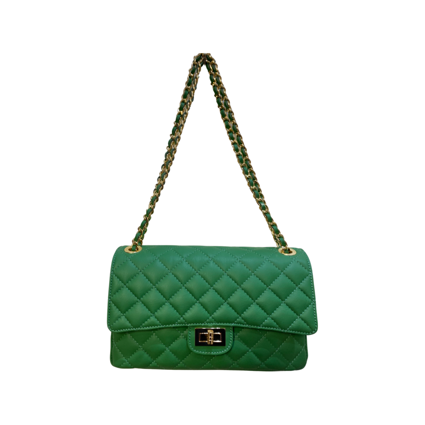 Colorful quilted chain shoulder bag with gold-tone chain strap and turn-lock closure, perfect for fashion-forward women.