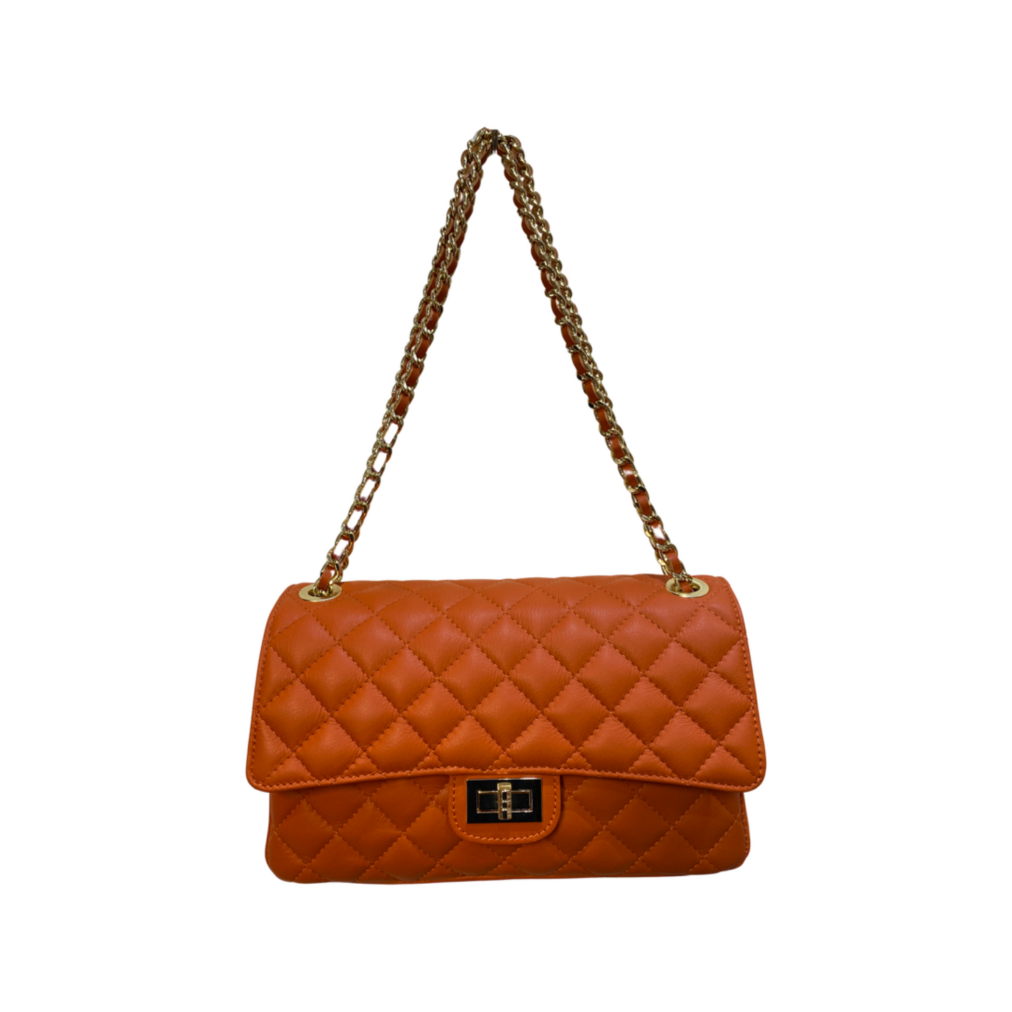 Colorful quilted chain shoulder bag with diamond-stitched design and gold-tone strap.