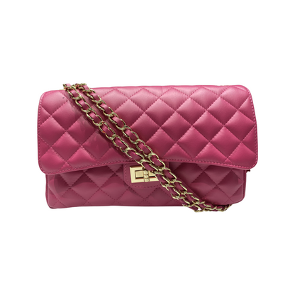 Colorful quilted chain shoulder bag with gold-tone chain strap and turn-lock closure, elegant leather design.