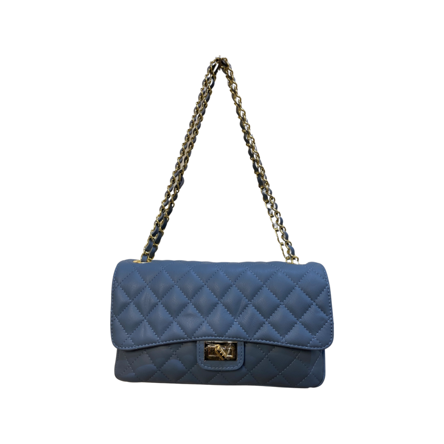 Quilted chain shoulder bag with diamond-stitched exterior and gold-tone chain strap.