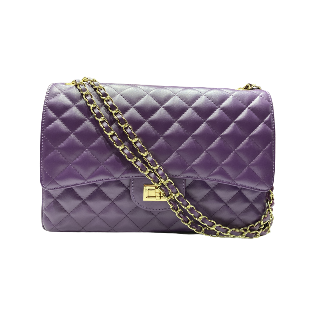 Quilted oversized chain shoulder bag in purple with gold-tone chain strap.