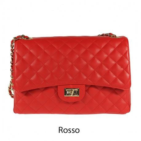 Red quilted oversized chain shoulder bag with gold-tone details.