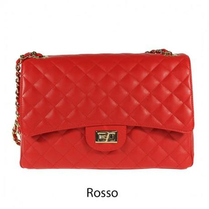 Red quilted oversized chain shoulder bag with gold-tone details.