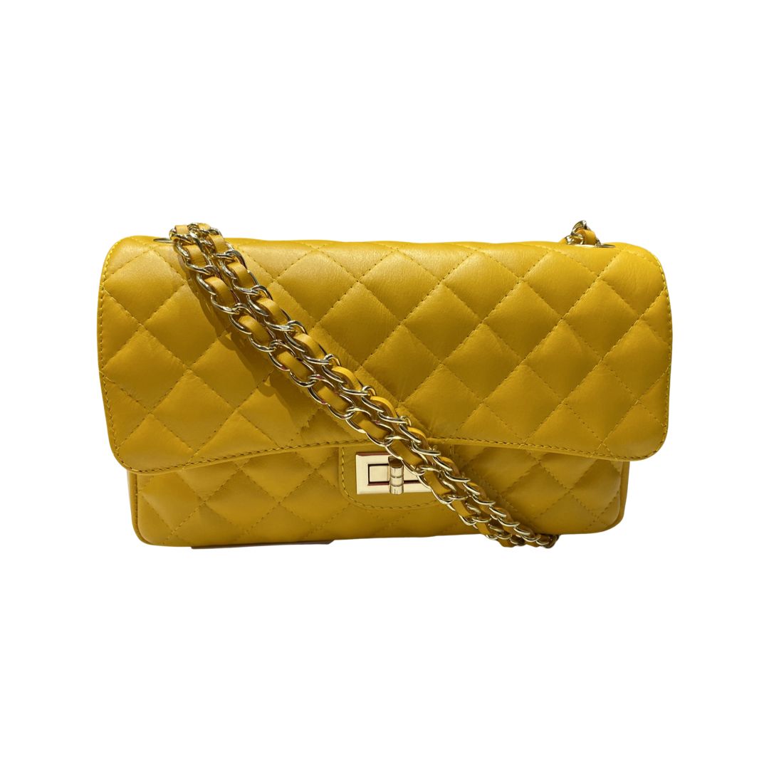 Colorful quilted chain shoulder bag with gold-tone chain strap and diamond-stitched exterior.