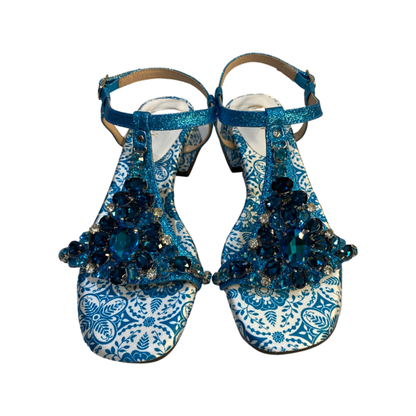 Turquoise Blue Rhinestone Flat Sandals