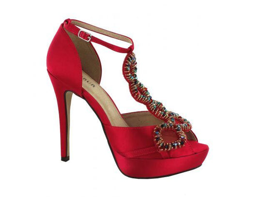 Menbur Pink High Heel Sandals T-Bar with decorative jewels and platform heel.