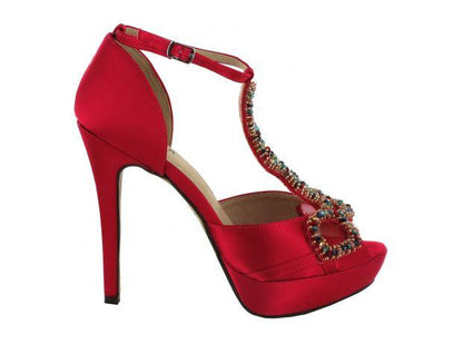 Menbur pink high heel T-bar sandals with decorative jewels.