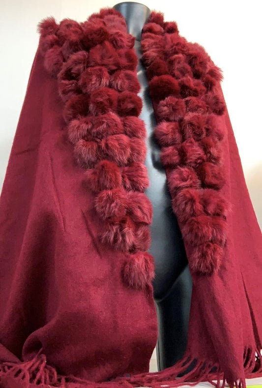 Women Ball Faux Fur Tassel Cape Shawl