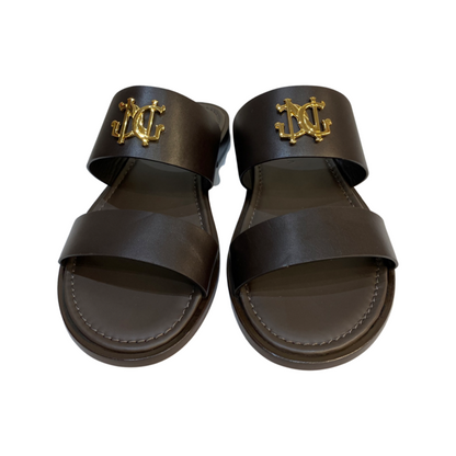 Brown 2 Strap Slip-On Sandals with gold Giampiero and Nicola Vico logo, luxury leather handcrafted men's footwear.