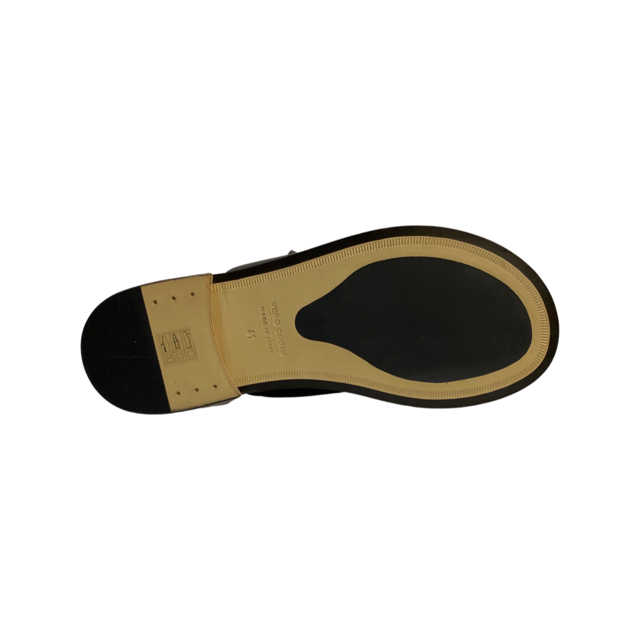 Brown 2 strap slip-on sandals with leather sole, gold logo detail.